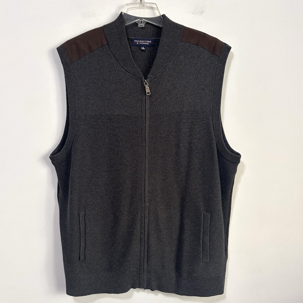 Roundtree & Yorke Mens Zip Front Sweater Vest XL Gray Faux Suede Patch Work Knit